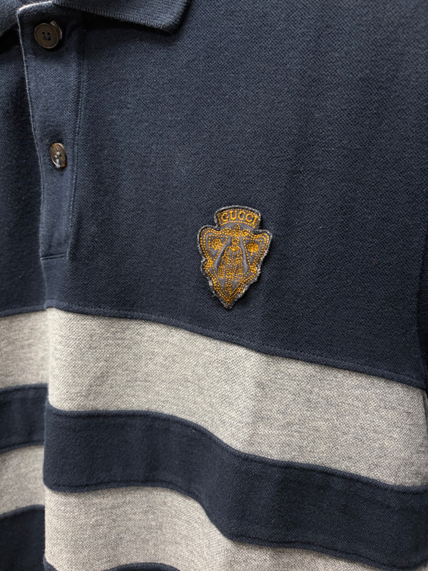 Vintage Gucci ‘Crest Logo’ Badge Appliqué Striped Cotton Polo