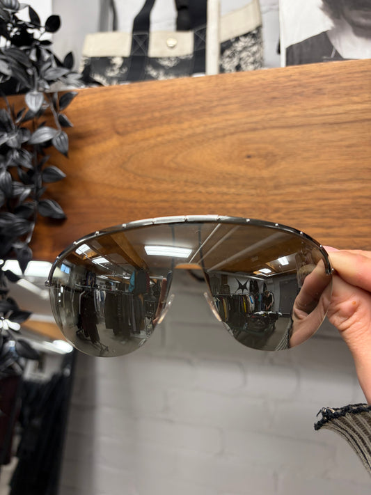 Gucci ‘Shield’ Half Rim Silver Tinted Black Sunglasses