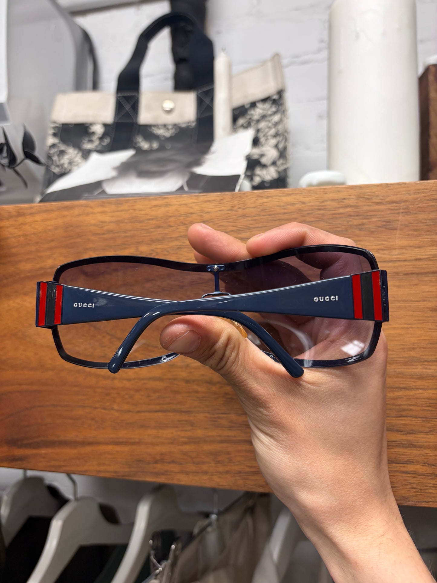 Gucci Striped Logo Blue/Red Visor Shield Sunglasses