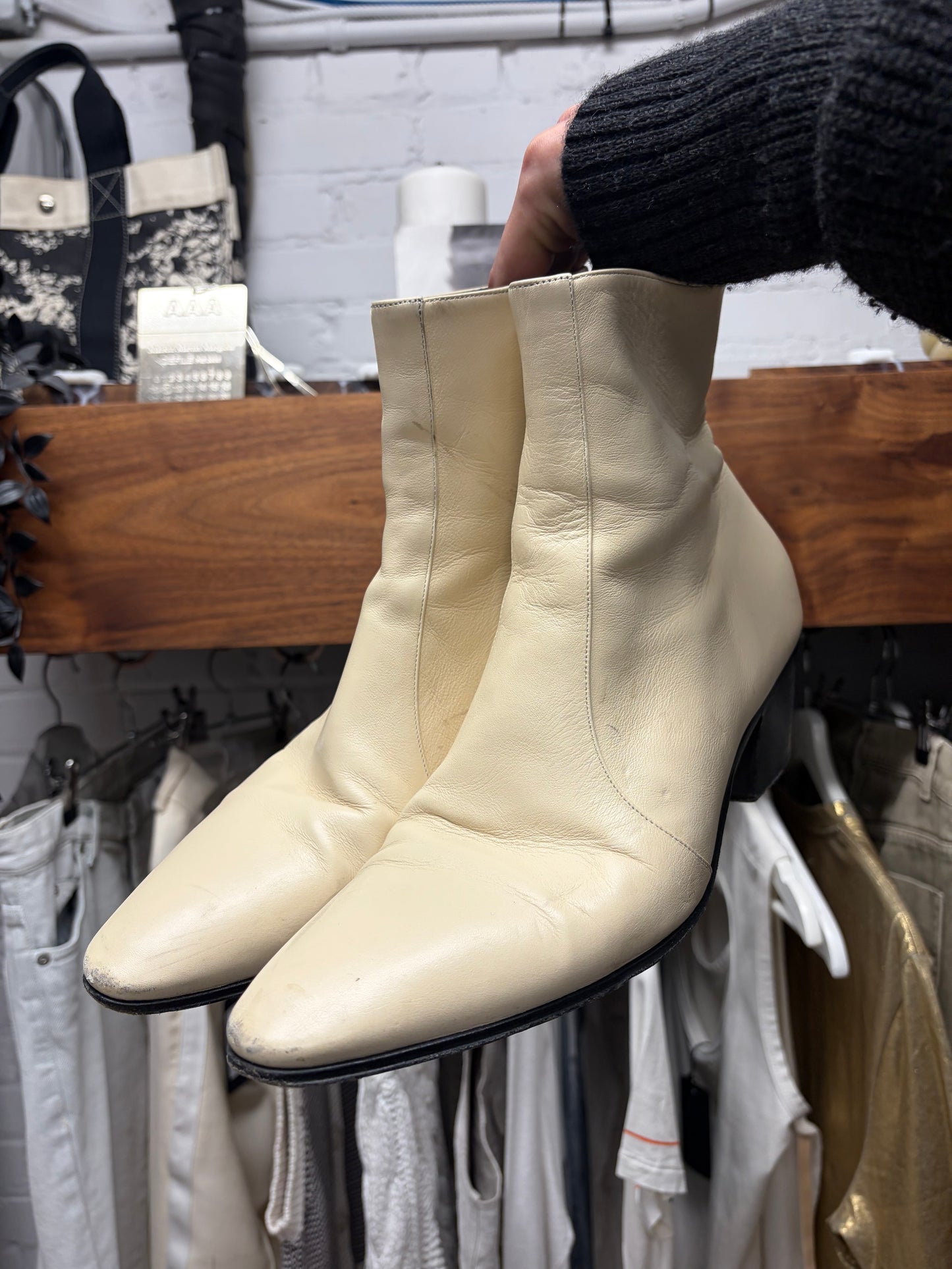 Saint Laurent ‘Vassili’ Pointed Toe White Leather Boots