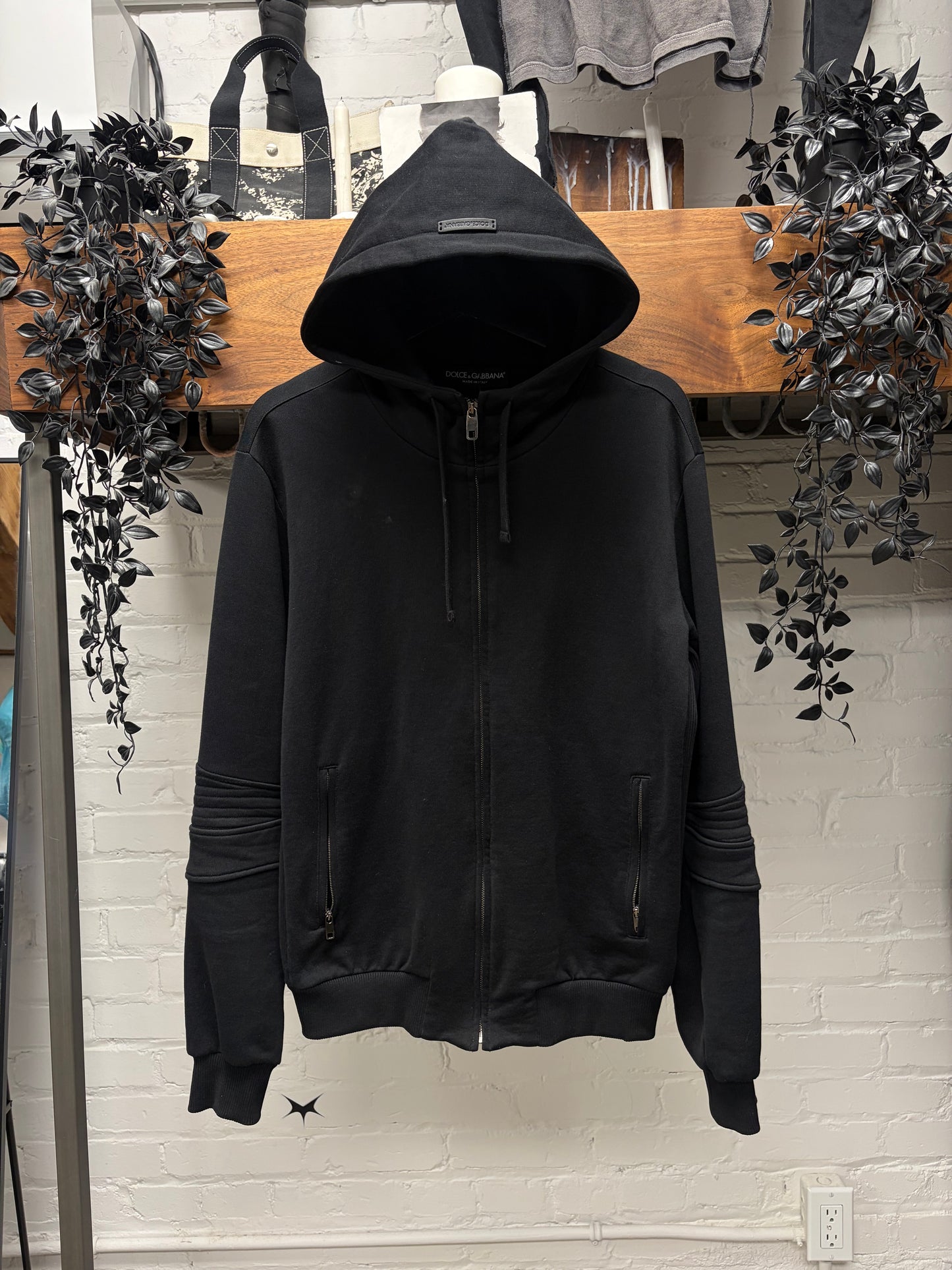 Dolce & Gabbana ‘Mainline’ Black Zip-Up Hoodie with Leather Patch