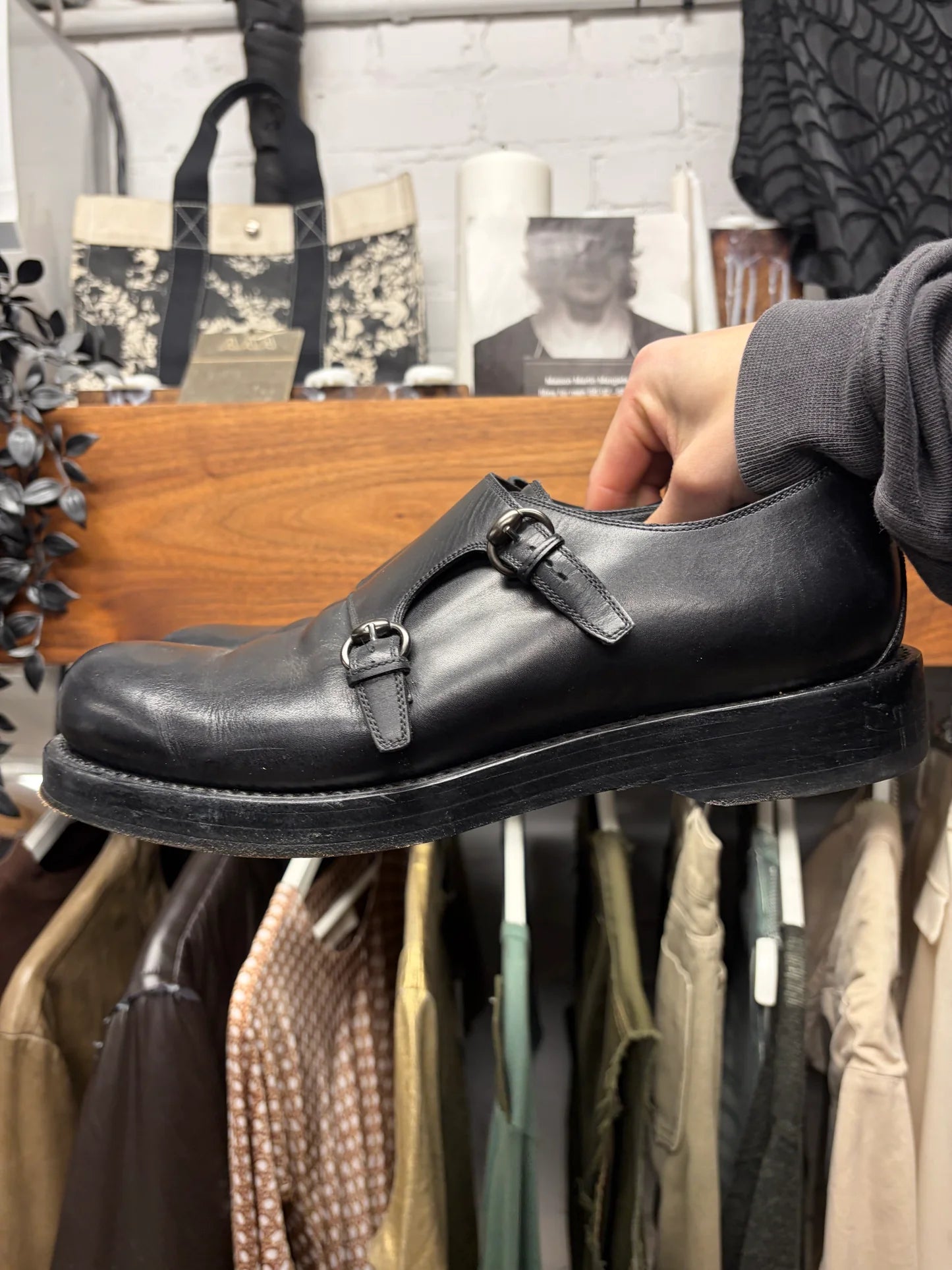 Gucci Double ‘Monk Strap’ Black Calfskin Leather Wood Sole Derbys