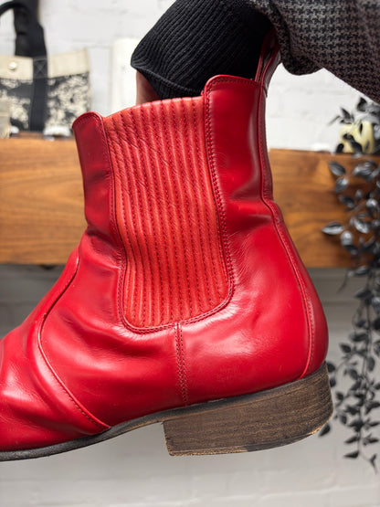 Balenciaga Red Pointed Toe Calfskin Leather Chelsea Boots