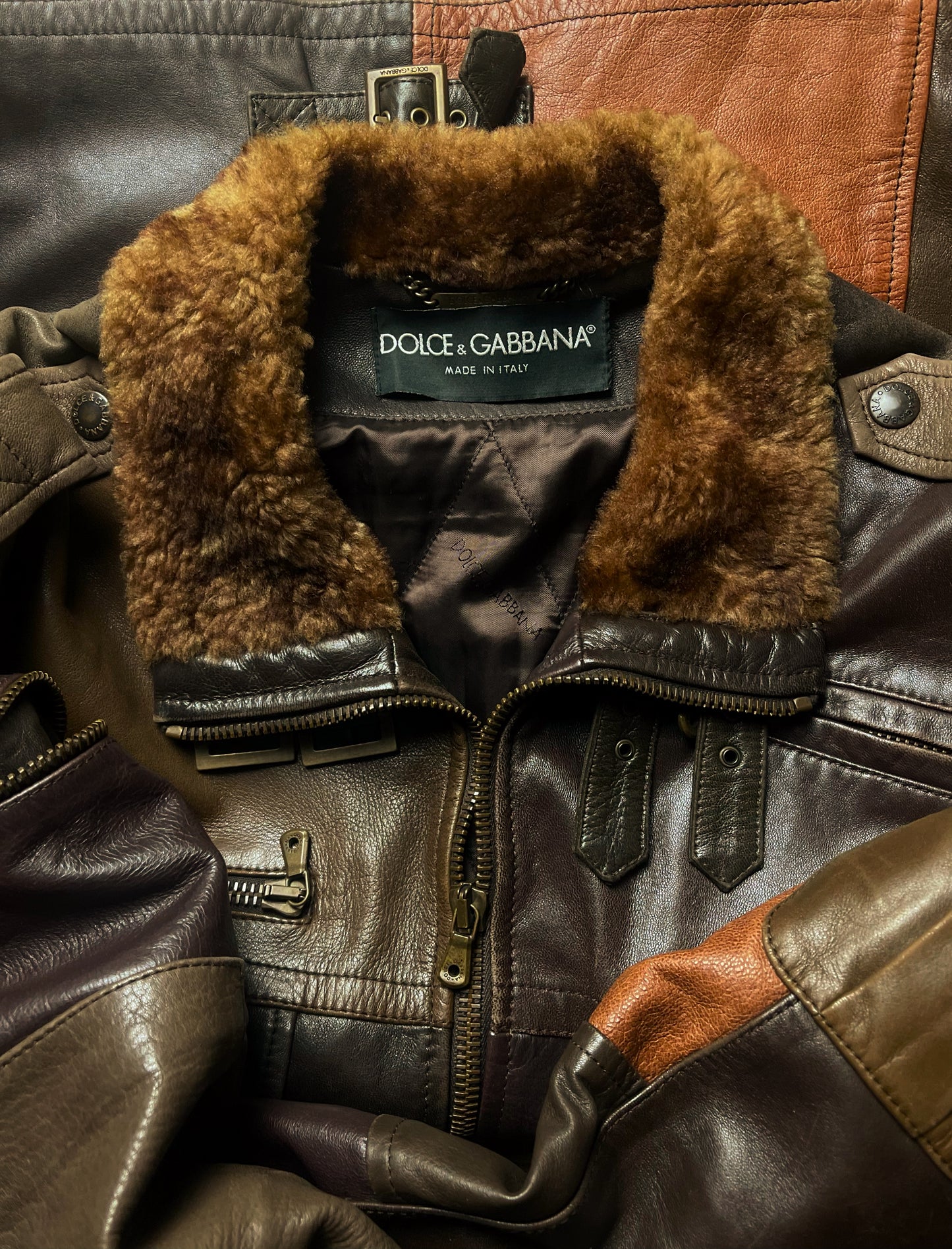 2000s Dolce & Gabbana Mainline Fur Trim ‘Patchwork’ Lambskin Leather Cargo Jacket