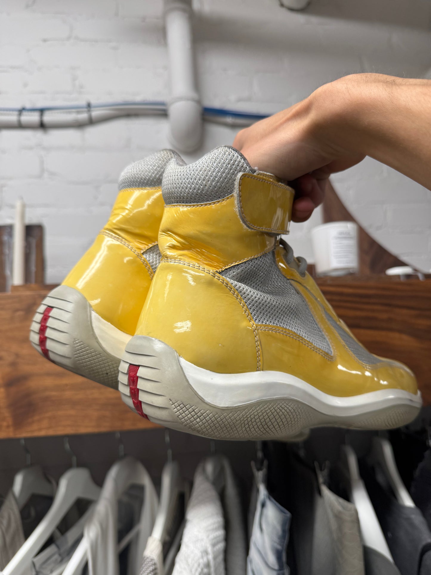 2000s Prada ‘Americas Cup’ Bike Yellow/Grey Patent Leather High Top Sneakers
