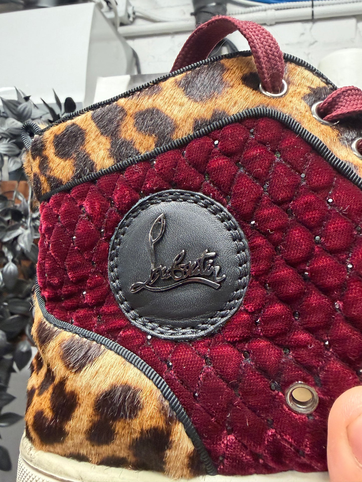 Christian Louboutin Leopard Pony Hair/ Red Velour High Top Sneakers