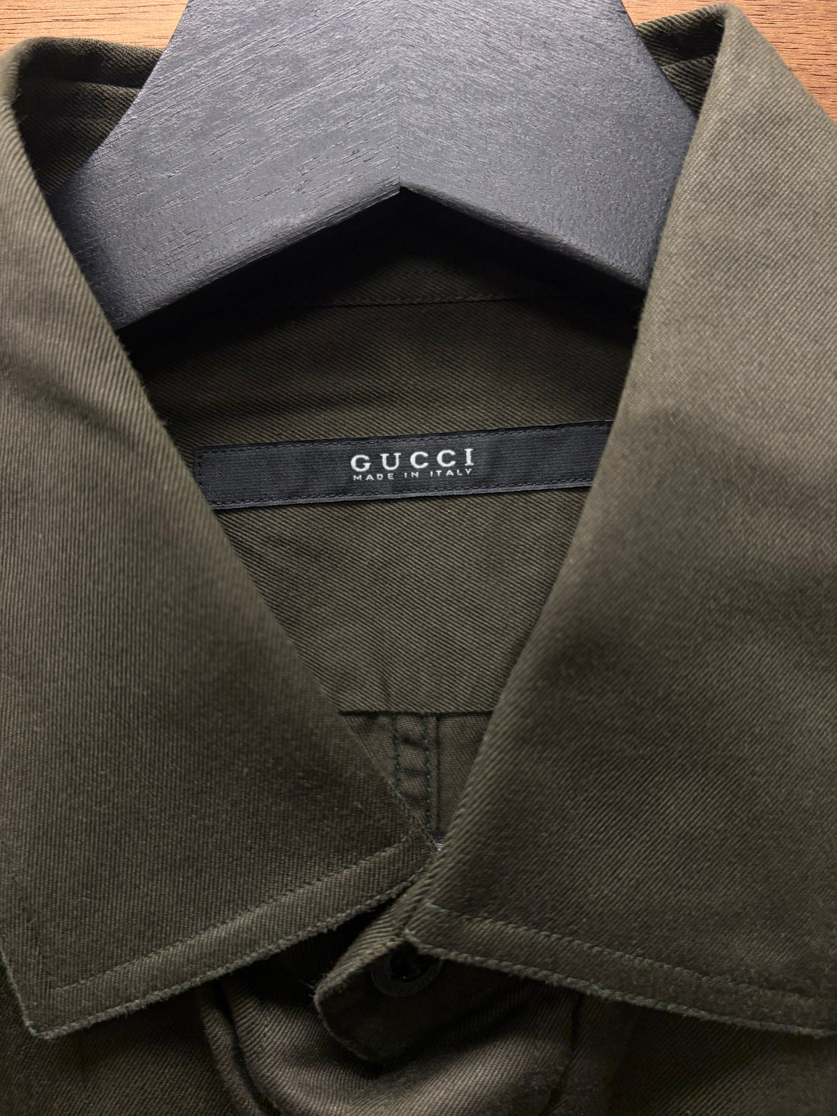 Gucci Military Inspired Button Snap Shirt with Stripe Branded Shoulder Epaulettes