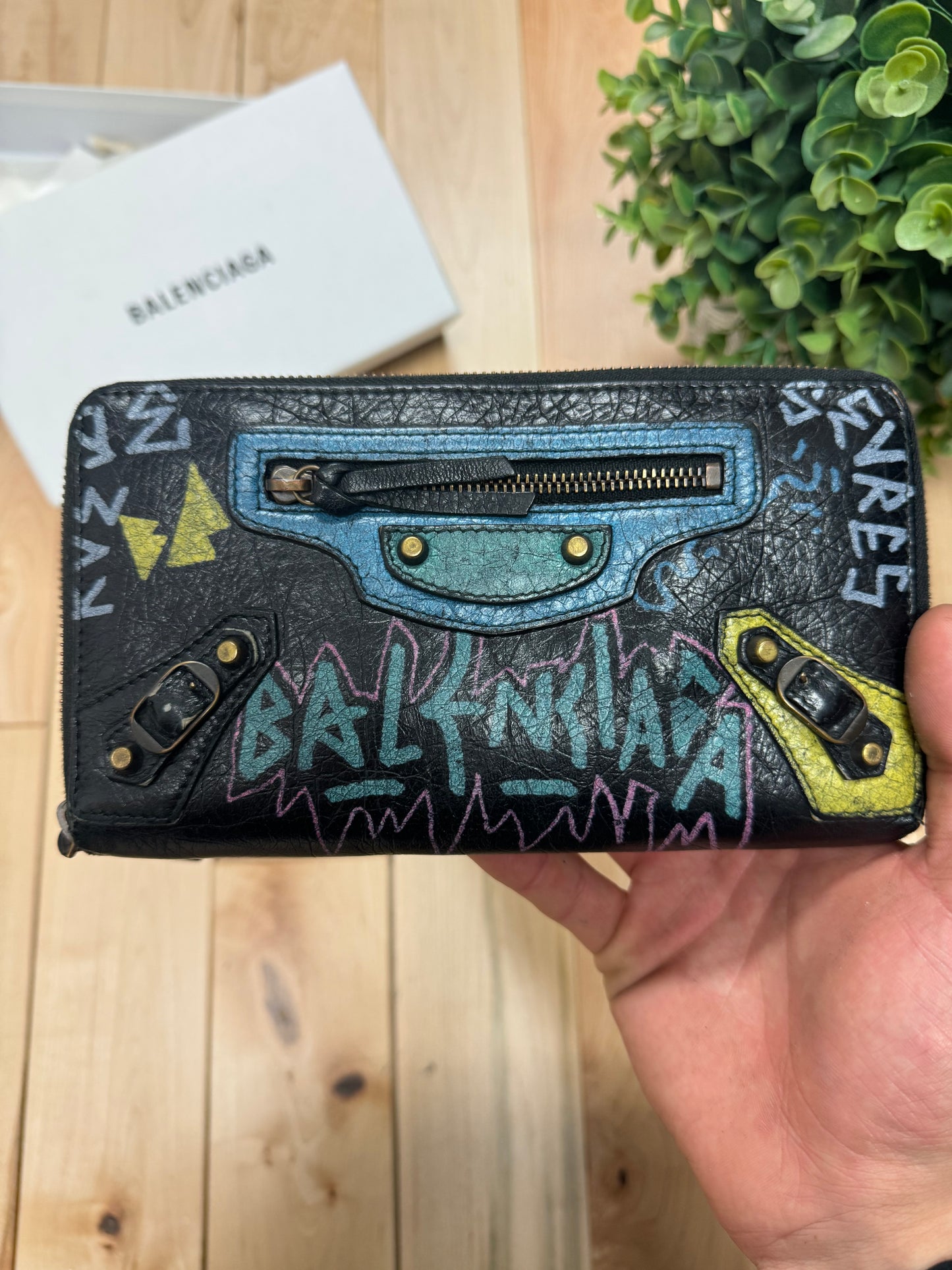 2018 Balenciaga ‘Paris’ Graffiti Logo Black Long Leather Wallet