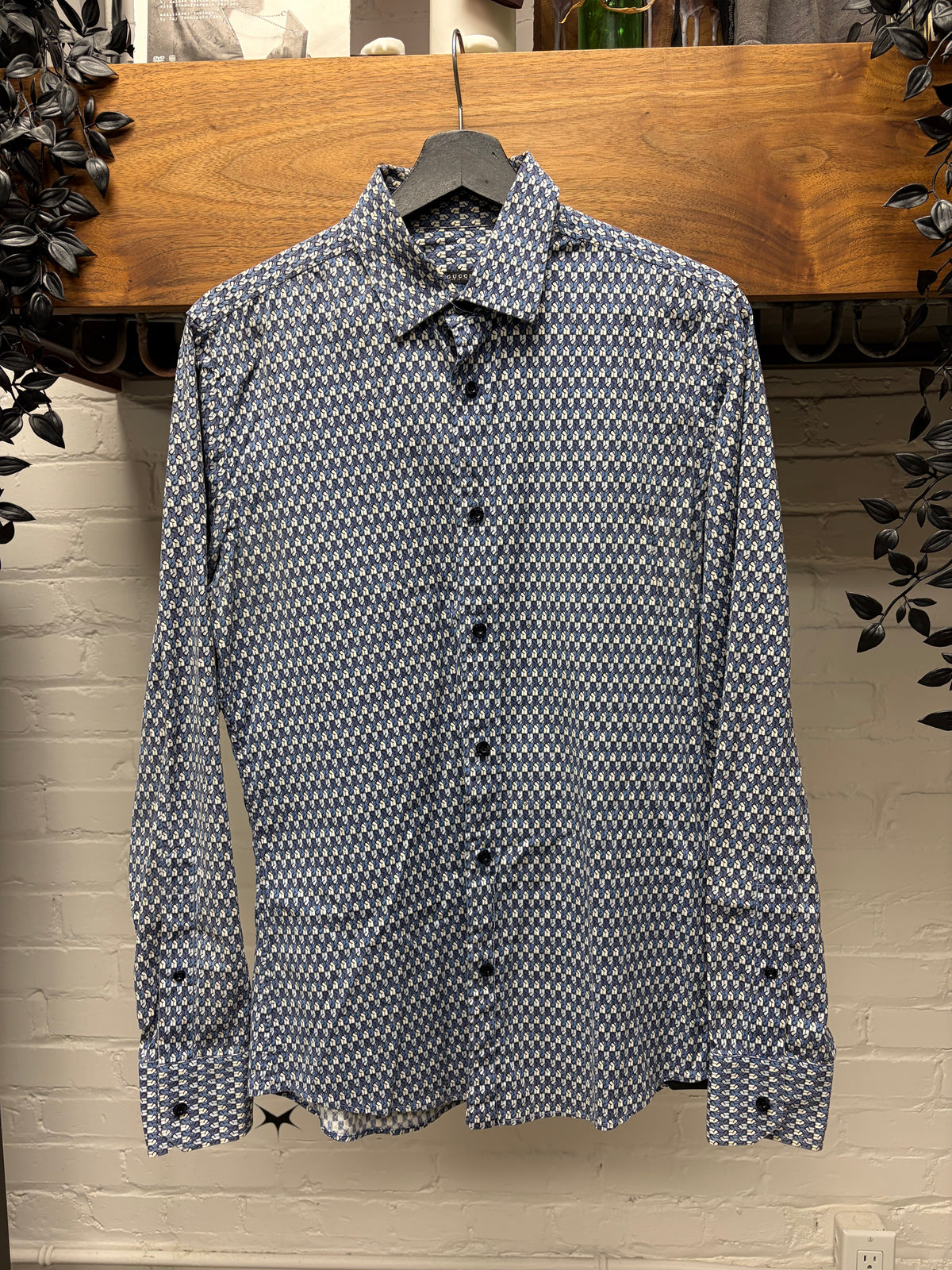 Gucci Blue/White ‘Horseshoe Pattern’ Slim Fit Button Up Shirt