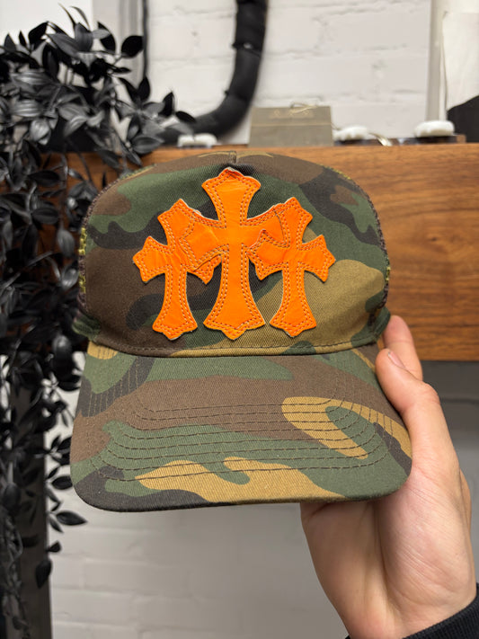 Chrome Hearts Orange ‘Cemetery’ Leather Cross Patch Camo Trucker Hat