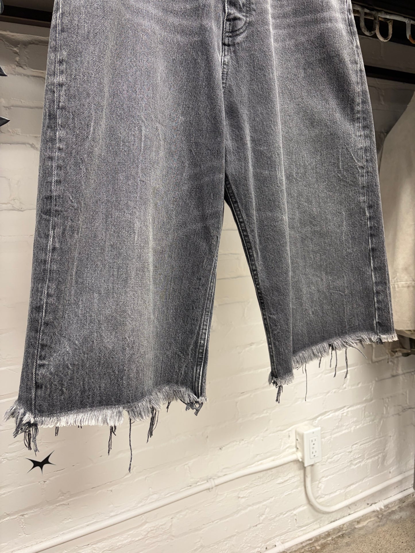 2020 Balenciaga Over Knee Length Distressed Grey Raw Hem Denim Shorts