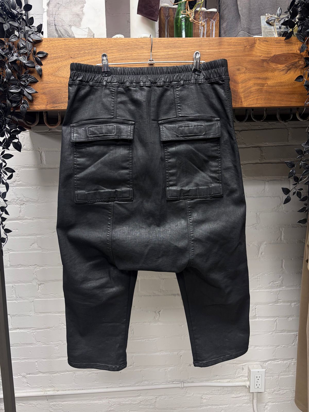 AW2017 Rick Owens 'Glitter' Waxed Black 'Subhuman' Patch Cropped
Drop Crotch Pants