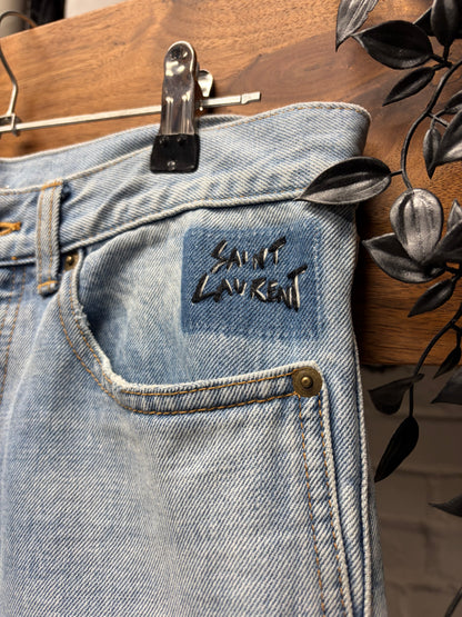 2017 Saint Laurent ‘D02’ Pocket Logo Light Wash Blue Distressed Skinny Jeans