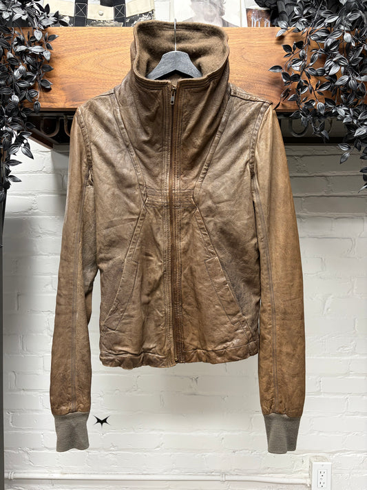 Rick Owens ‘Dust’ Brown Leather ‘Exploder’ O&M Era High Neck Jacket