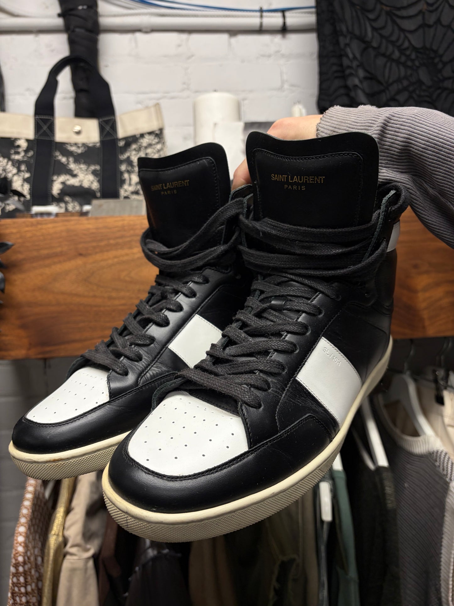 Saint Laurent ‘SL/10H’ Black & White Leather Court High Top Sneakers