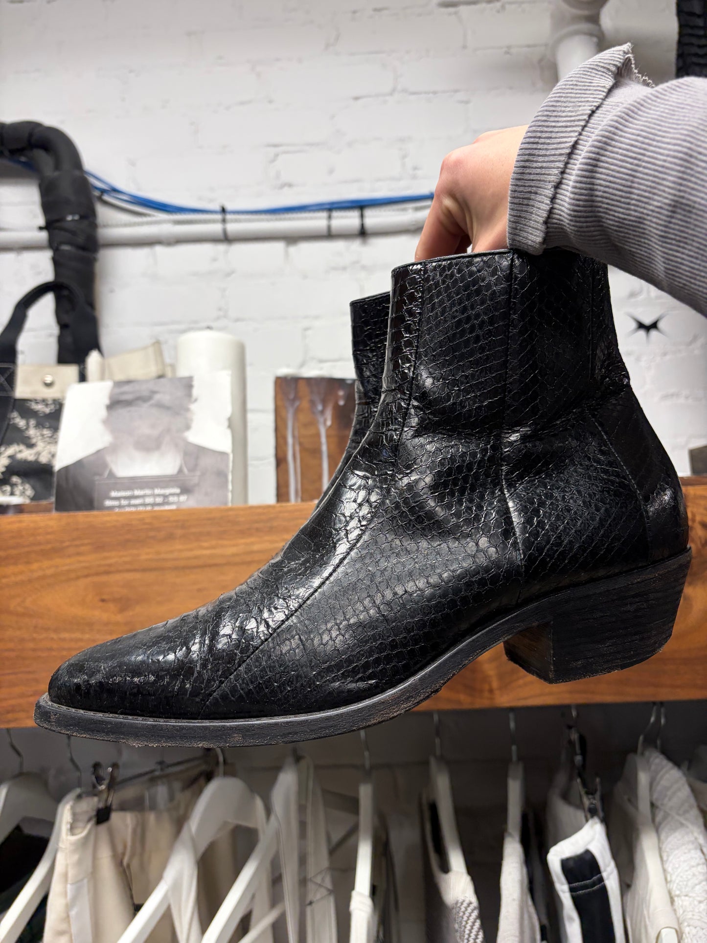 Saint Laurent Genuine Python Hide Black Leather ‘Wyatt’ Pointed Toe Boots