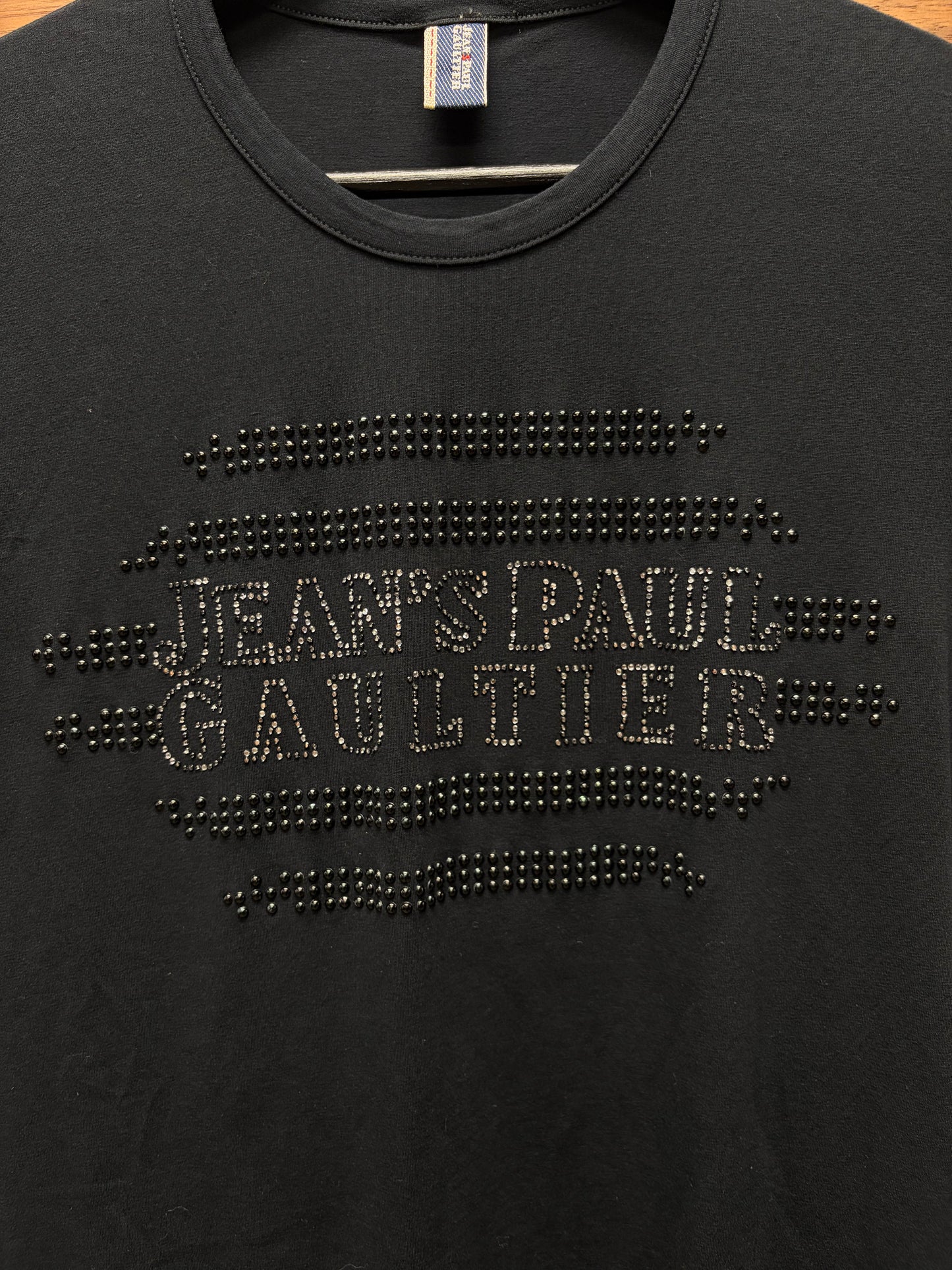 Vintage Jean Paul Gaultier Studded Chest Logo Black Cotton T-Shirt