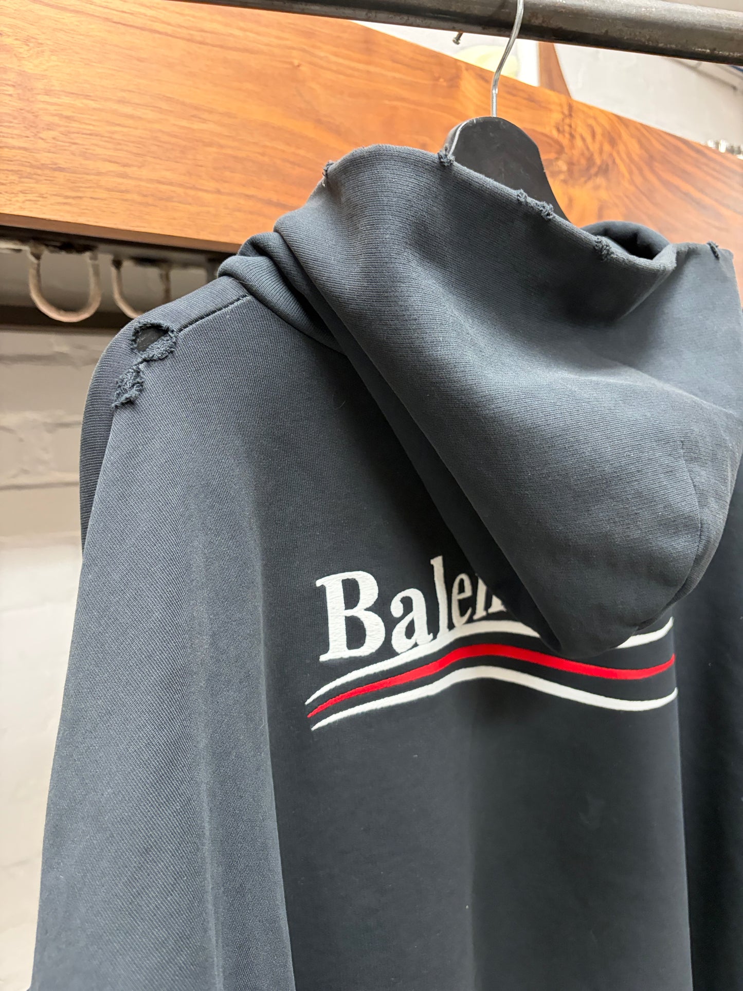 AW2022 Balenciaga Campaign Logo Distressed Black Terry Cotton Hoodie