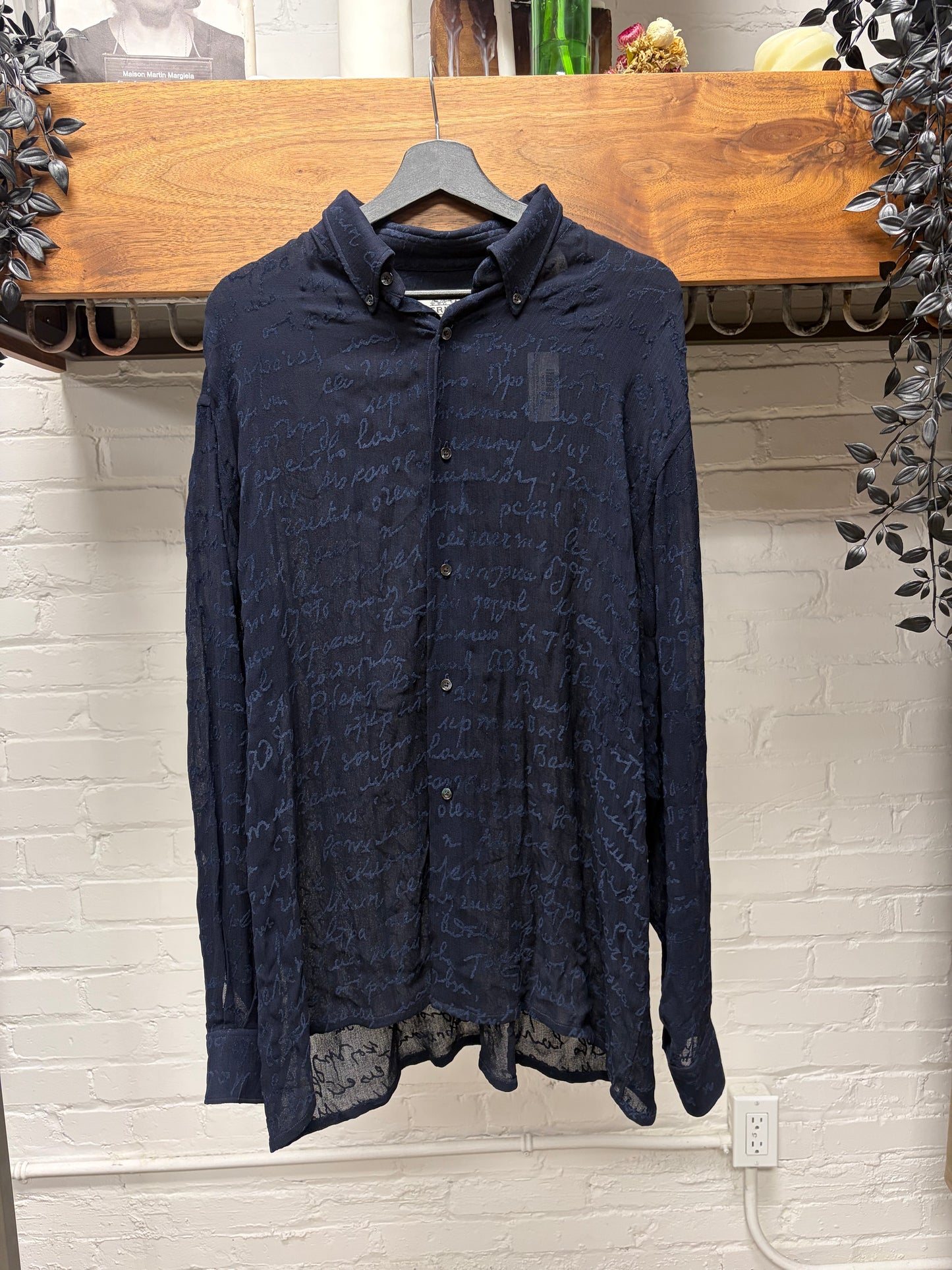 Hermes Silk ‘Cursive Scripture’ Embroidered Linen Button Down Shirt