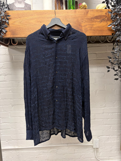 Hermes Silk ‘Cursive Scripture’ Embroidered Linen Button Down Shirt