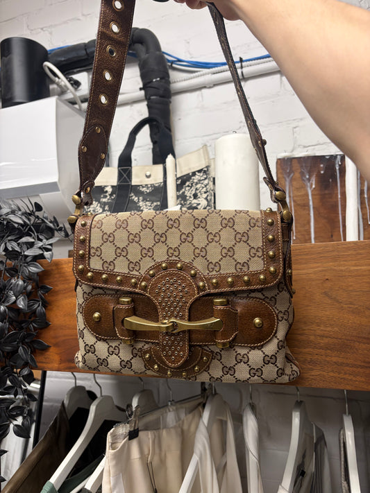 Gucci Canvas Monogram Studded ‘Pelham’ Runway Flap Bag