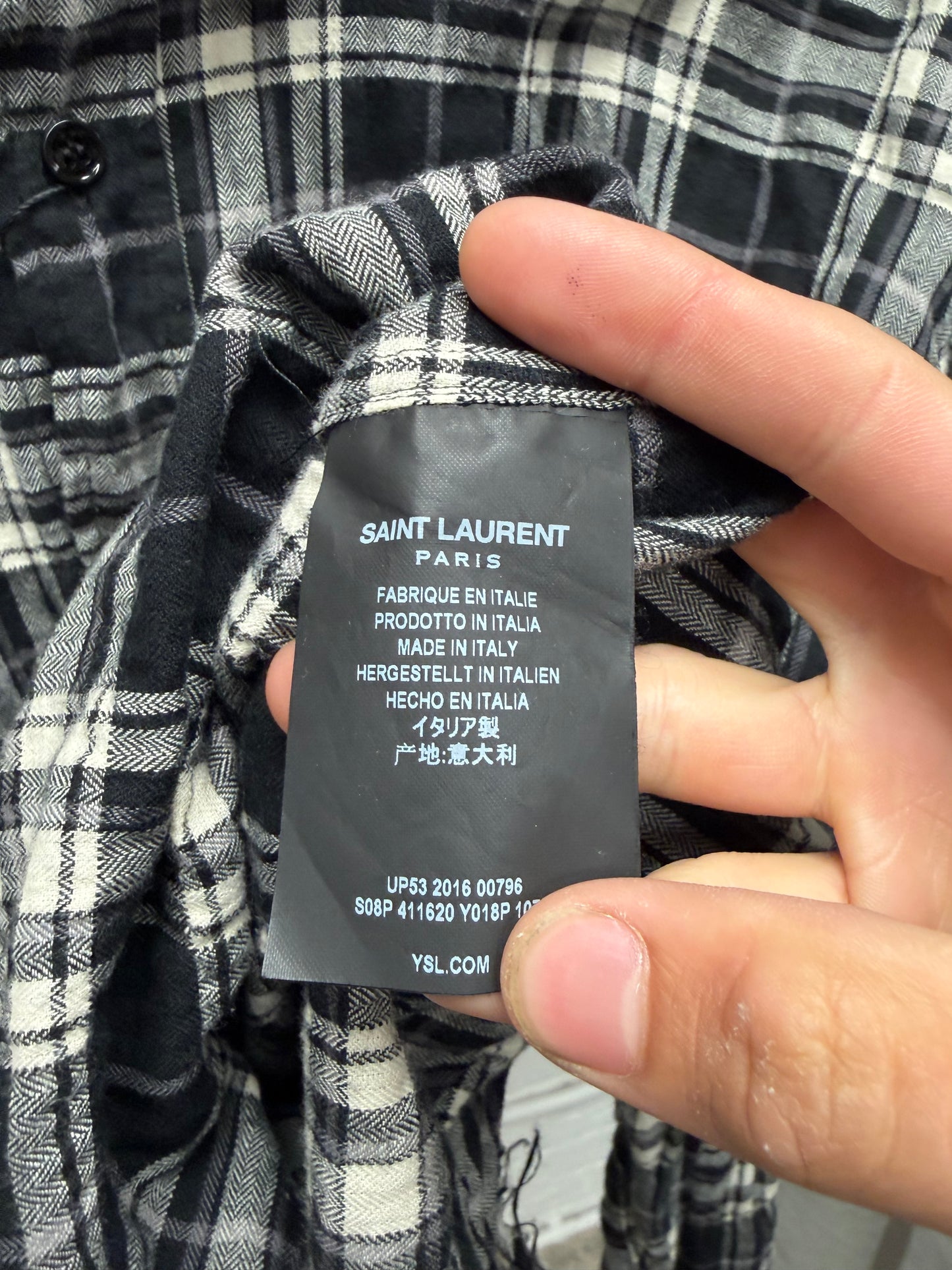 2016 Saint Laurent by Hedi Slimane Distressed Raw Hem Pearl Button Snap Flannel
