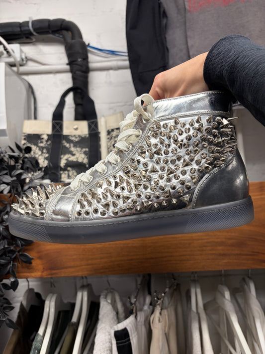 Christian Louboutin ‘Louis Spikes’ Metallic Silver Red Bottom Sneakers