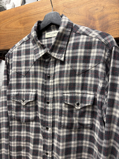 2017 Saint Laurent Pearl Button Snap Grey Plaid Flannel Shirt