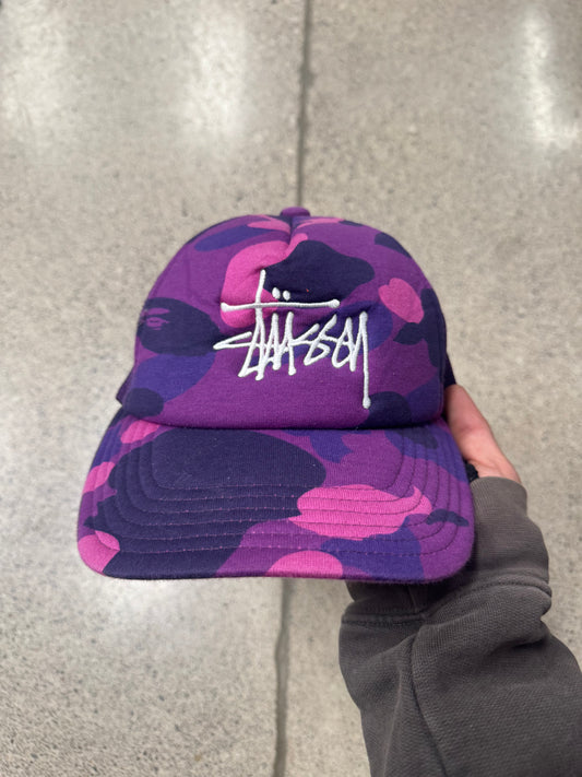 Bape x Stussy Purple Camo SnapBack Trucker Hat