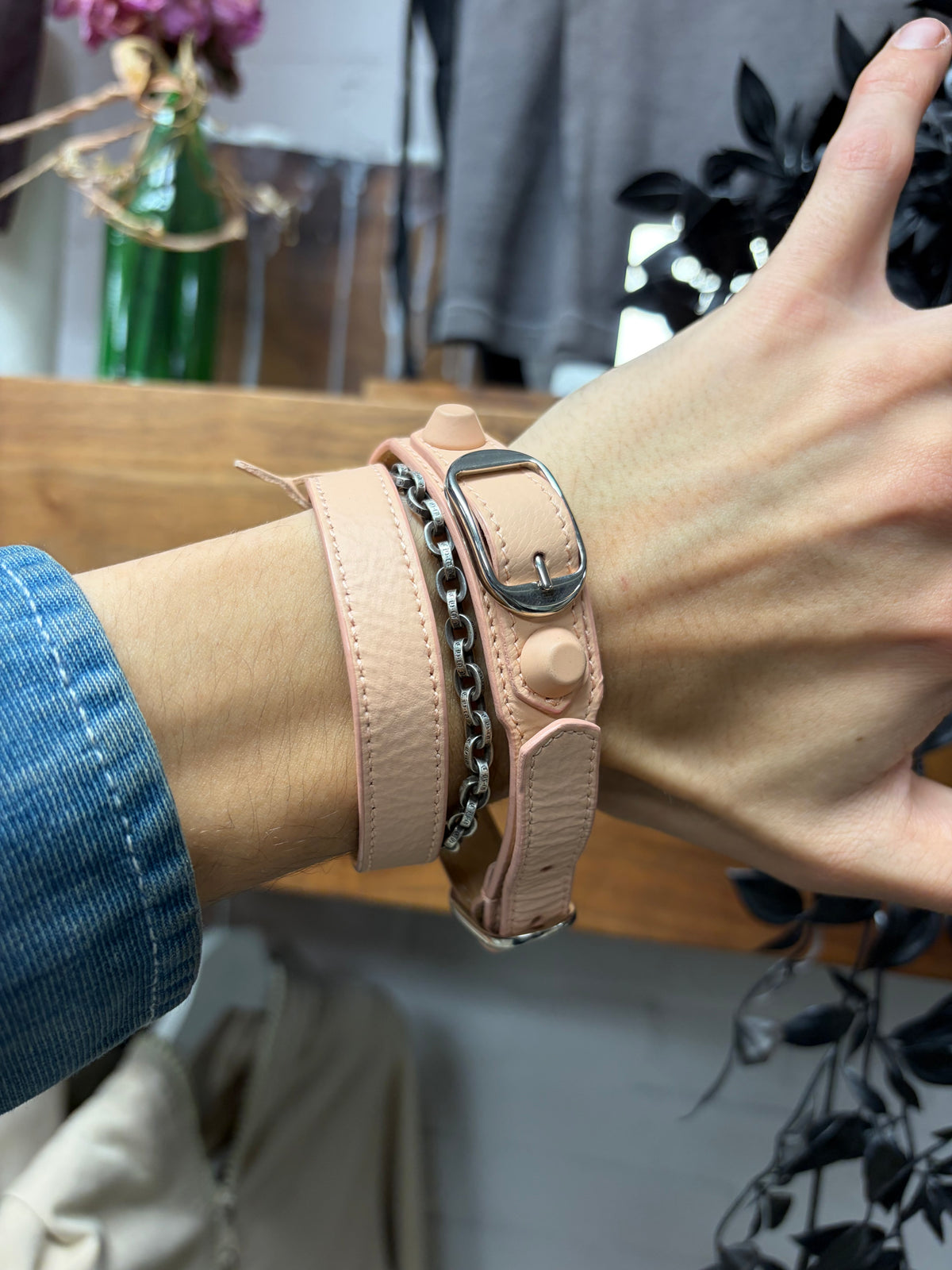 Balenciaga ‘Tour’ Double Wrapped Baby Pink/Silver Leather Bracelet