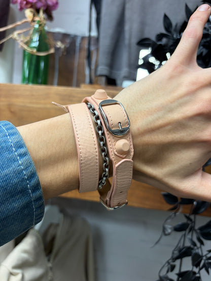 Balenciaga ‘Tour’ Double Wrapped Baby Pink/Silver Leather Bracelet