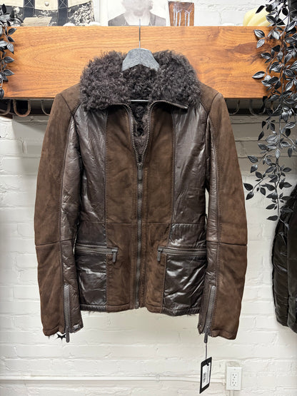 2000s Gucci Brown Suede Panelled Moto Jacket with Shearling Liner