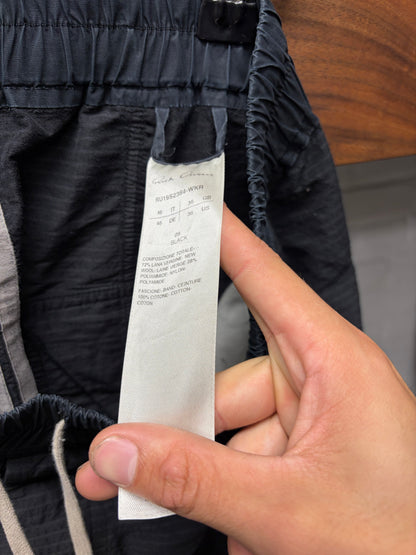 SS2019 Rick Owens ‘Babel’ Seersucker Drop Crotch ‘Pod’ Black Drawstring Shorts