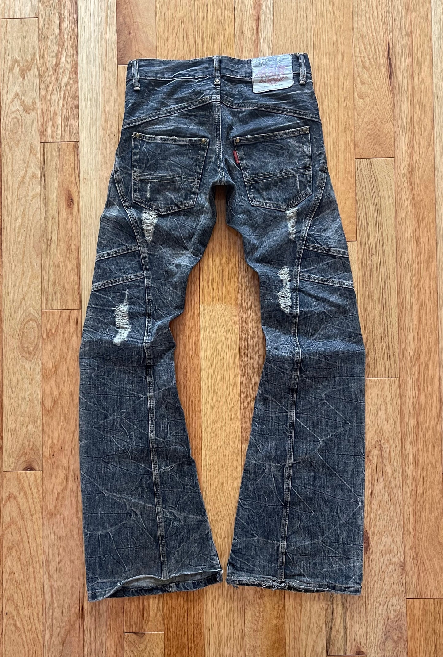 2000s Tornado Mart Distressed Flared Leg Grey Washed Denim.