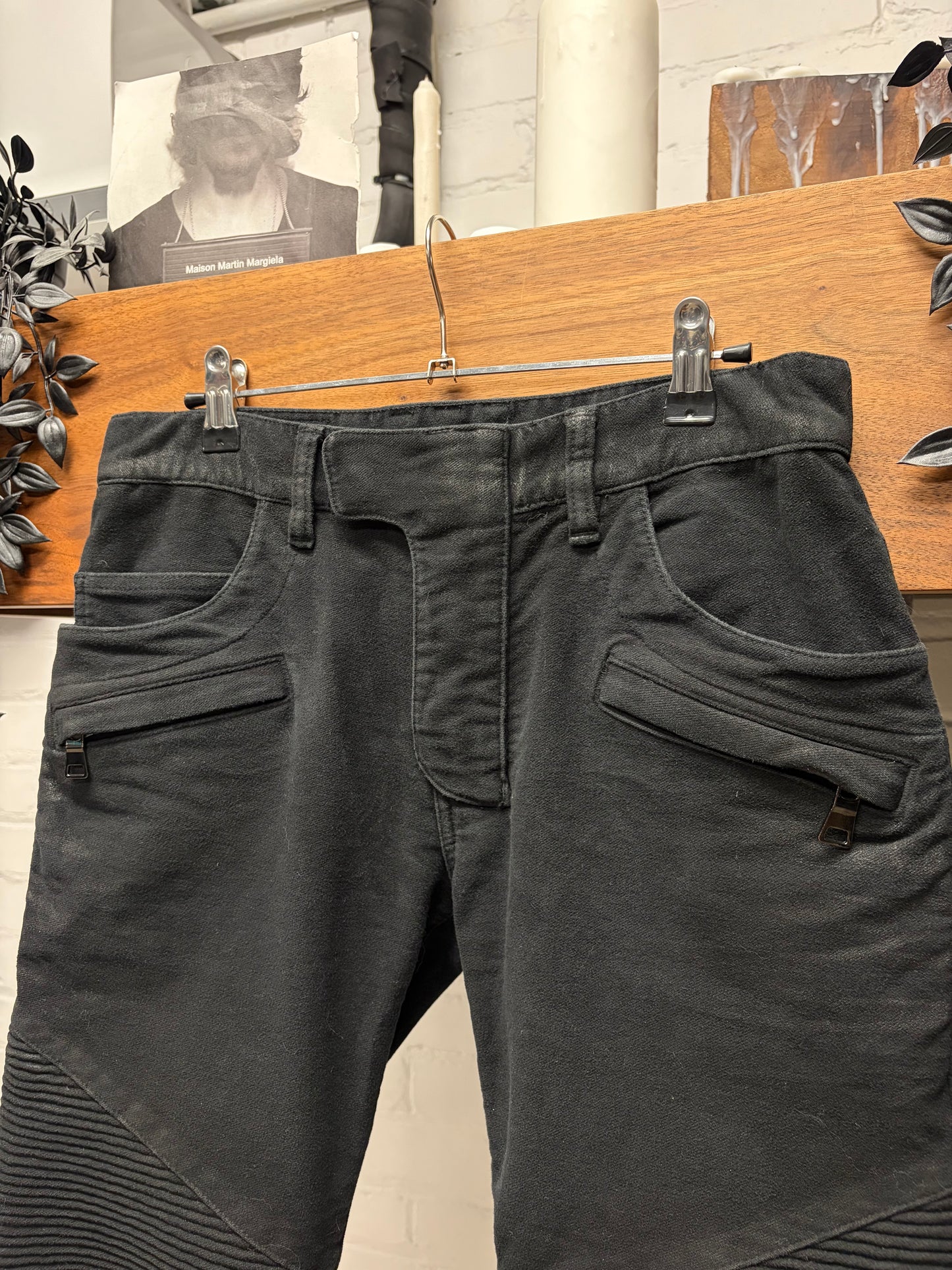 Balmain Waxed Black Moto-Knee Biker Skinny Jeans