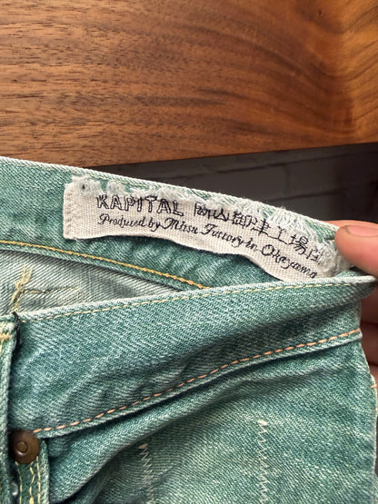 Kapital ‘Seafoam Green’ Buckle-Back Raw Bootcut Denim