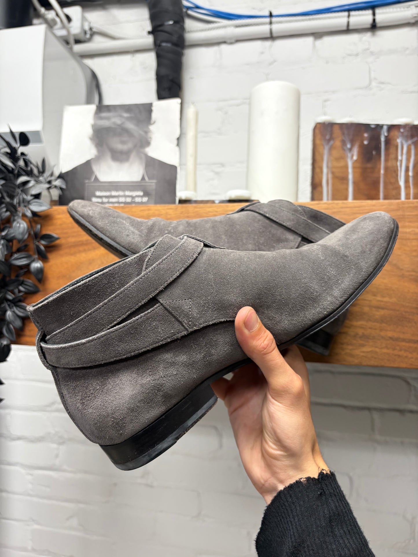 Saint Laurent Dark Grey Suede ‘Jodhpur’ Pointed Toe Ankle Boots