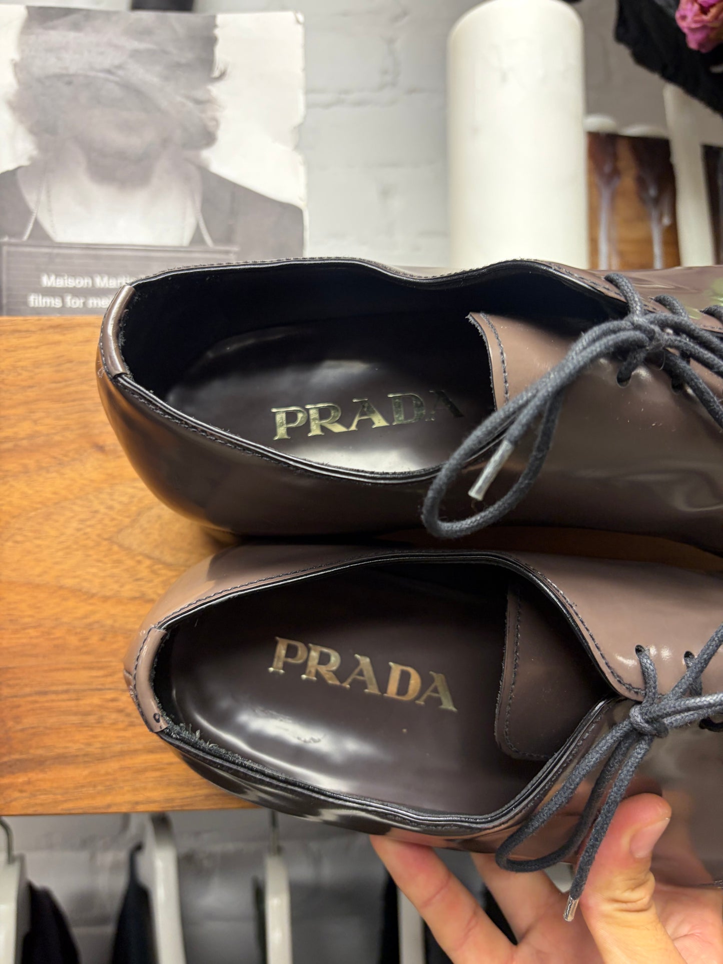 Prada Brown Patent Leather ‘Geometric’ Pointed Toe Derbys