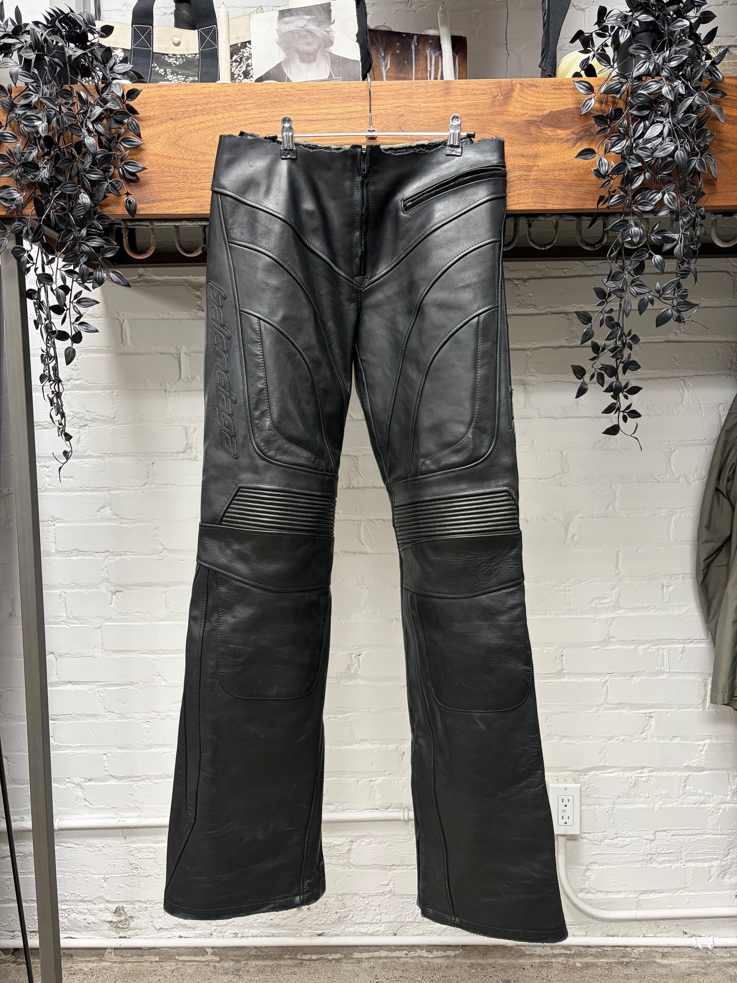AW2024 Balenciaga ‘Low Waisted’ Unfinished Waistband Black Leather Motorcycle Pants
