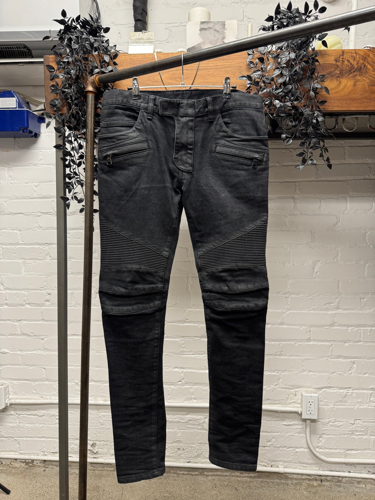 Balmain Waxed Black Classic Biker Knee Denim