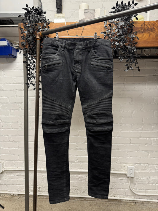 Balmain Waxed Black Classic Biker Knee Denim