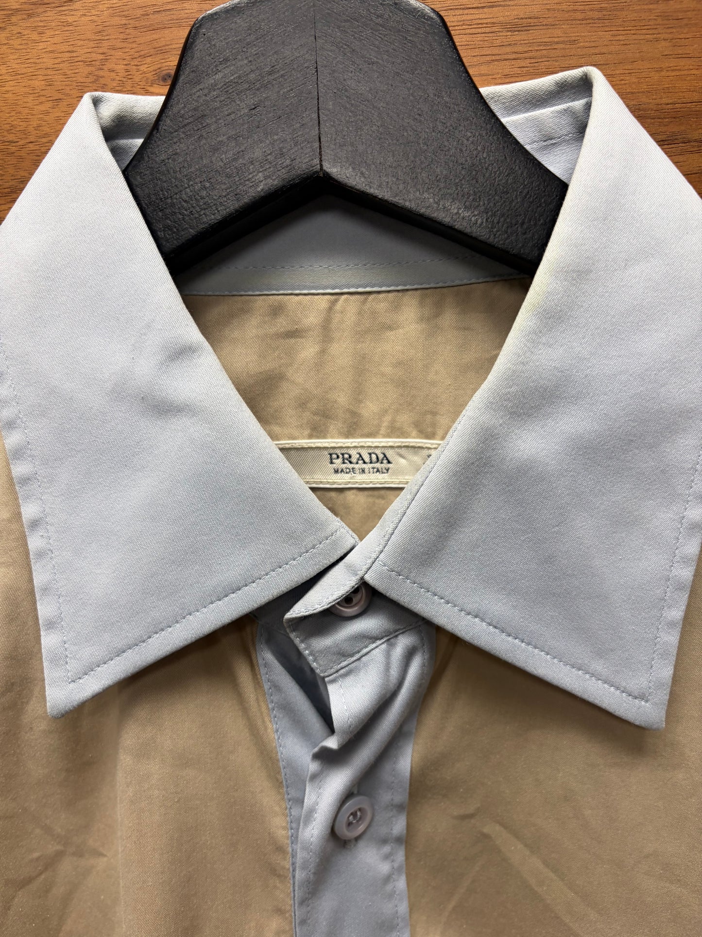 Prada Two Tone Tan/Ice Blue Button Up Shirt