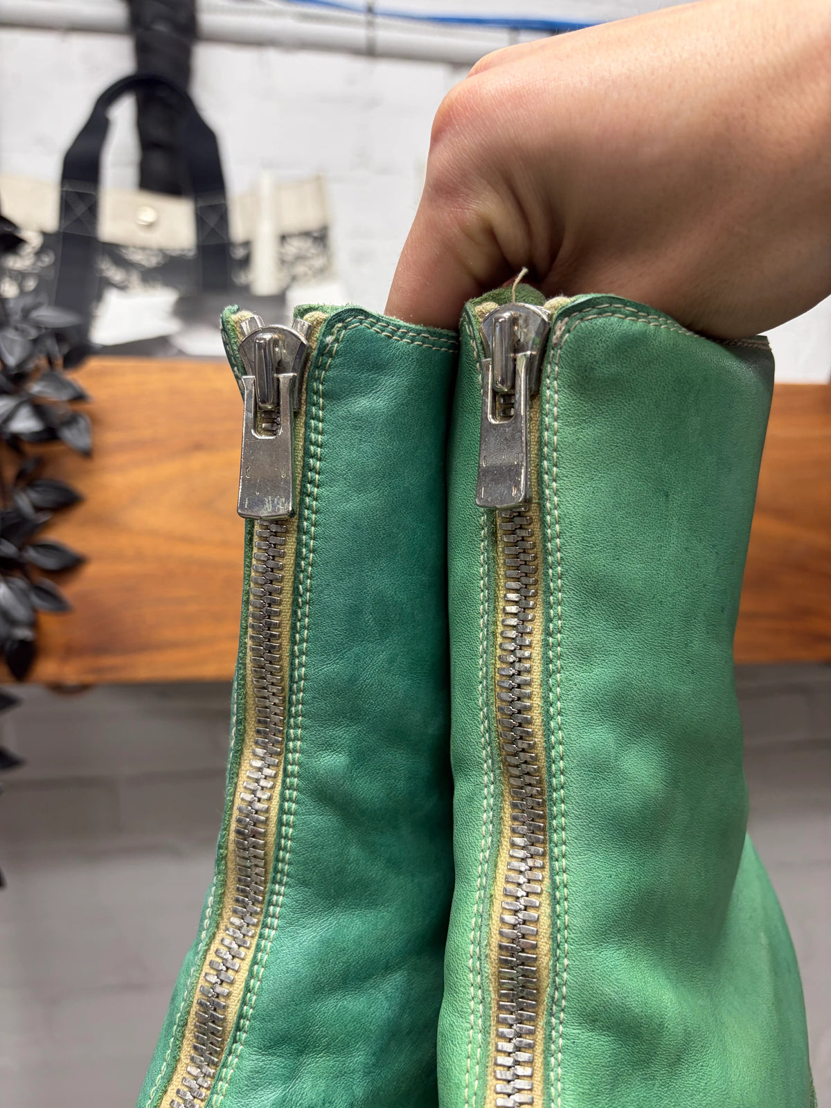 Guidi ‘PL2’ Horse Leather Front Zip ‘Corroded Green’ Low Heel Boots