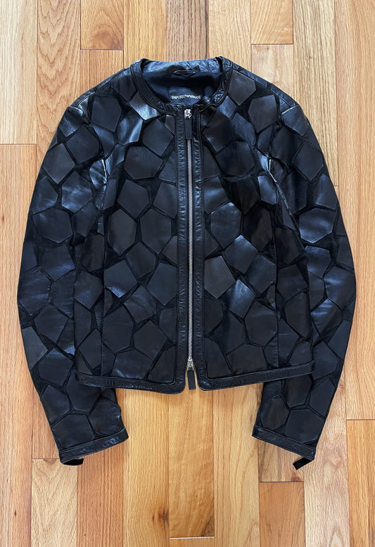 2000s Emporio Armani ‘Plated’ Zip-Up Black Calfskin Leather Jacket