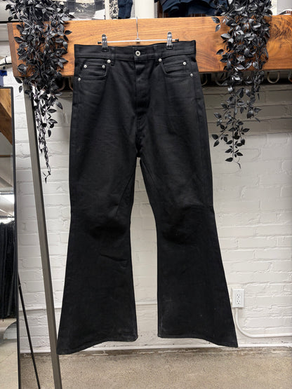 Rick Owens 16oz Japanese Raw Denim ‘Bolans’ Black Flared Leg Jeans
