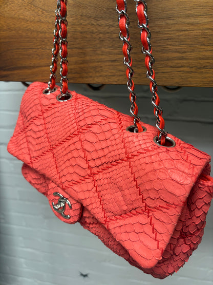 Chanel Red Python Leather Classic ‘Flap Bag’ with Silver Hardware