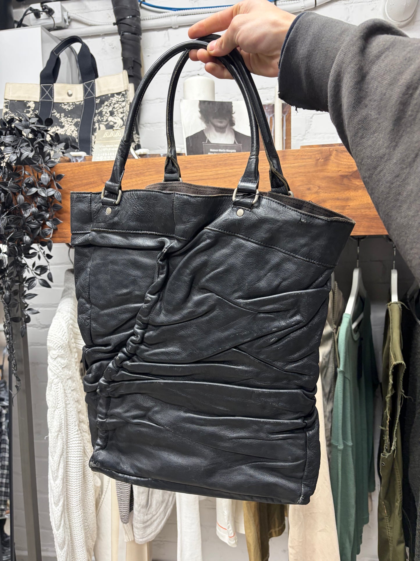 Junya Watanabe ‘Scrunched Leather’ Black Calfskin Tote Bag