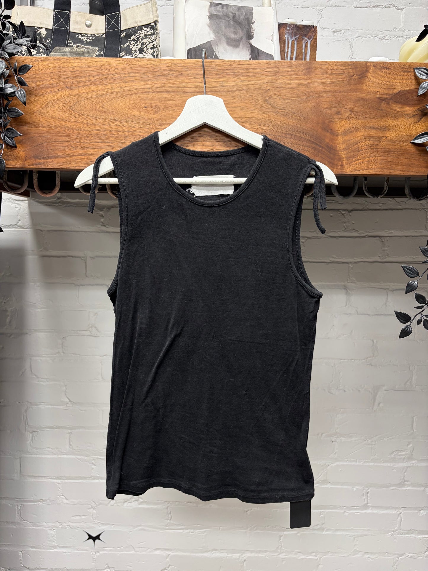 Maison Martin Margiela ‘Blank Tag’ Black Cotton Tank Top with Raw Shoulder Hem