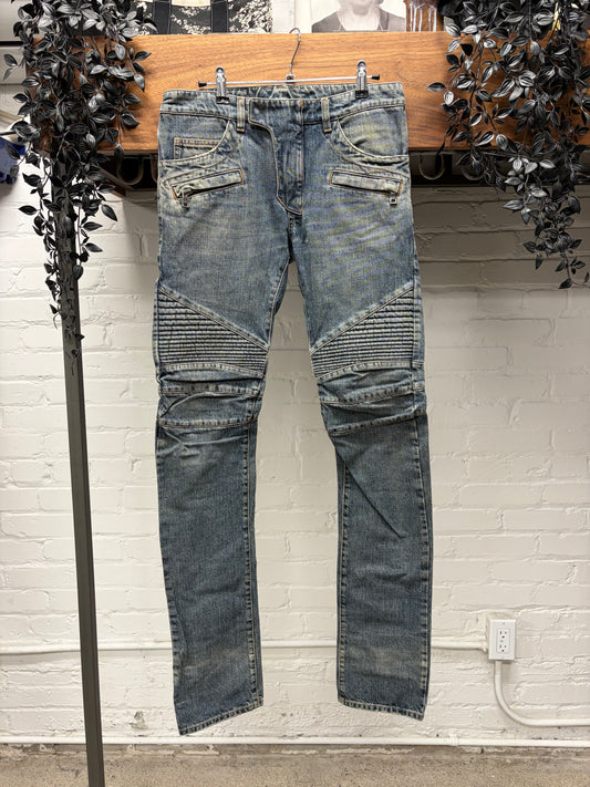 Balmain Raw Washed Blue Classic Biker Knee Denim