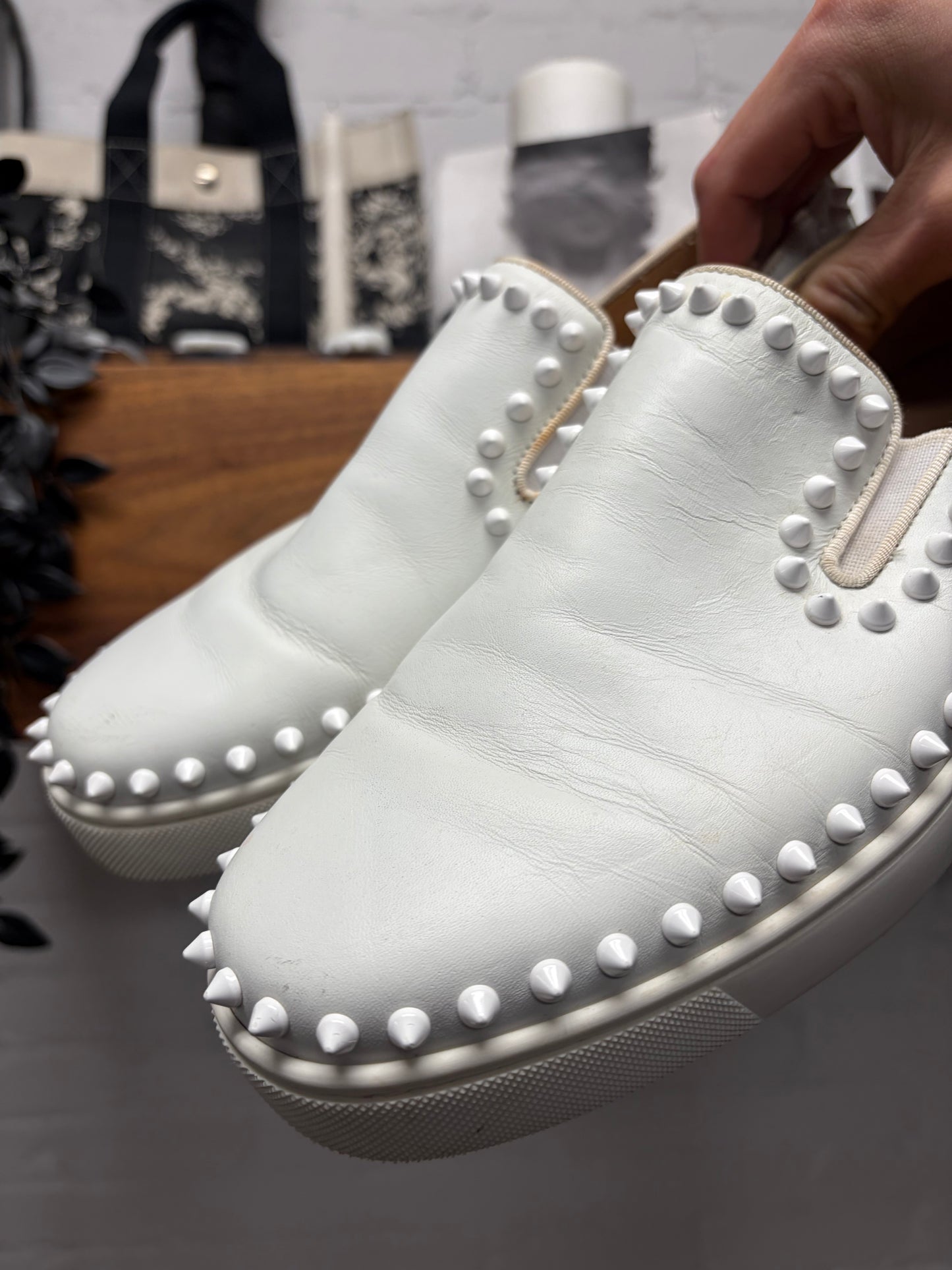 Christian Louboutin ‘Pik Boat’ Spiked White Leather Slip-On Sneakers
